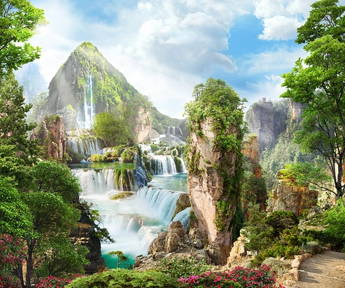 горы, гора, лес, арка, обрыв, водопад, деревья, зелень, растительность, голубые, зеленые, бежевые