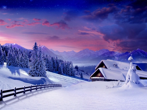 природа, зима, снег, ели, домик, синие, голубые, белые